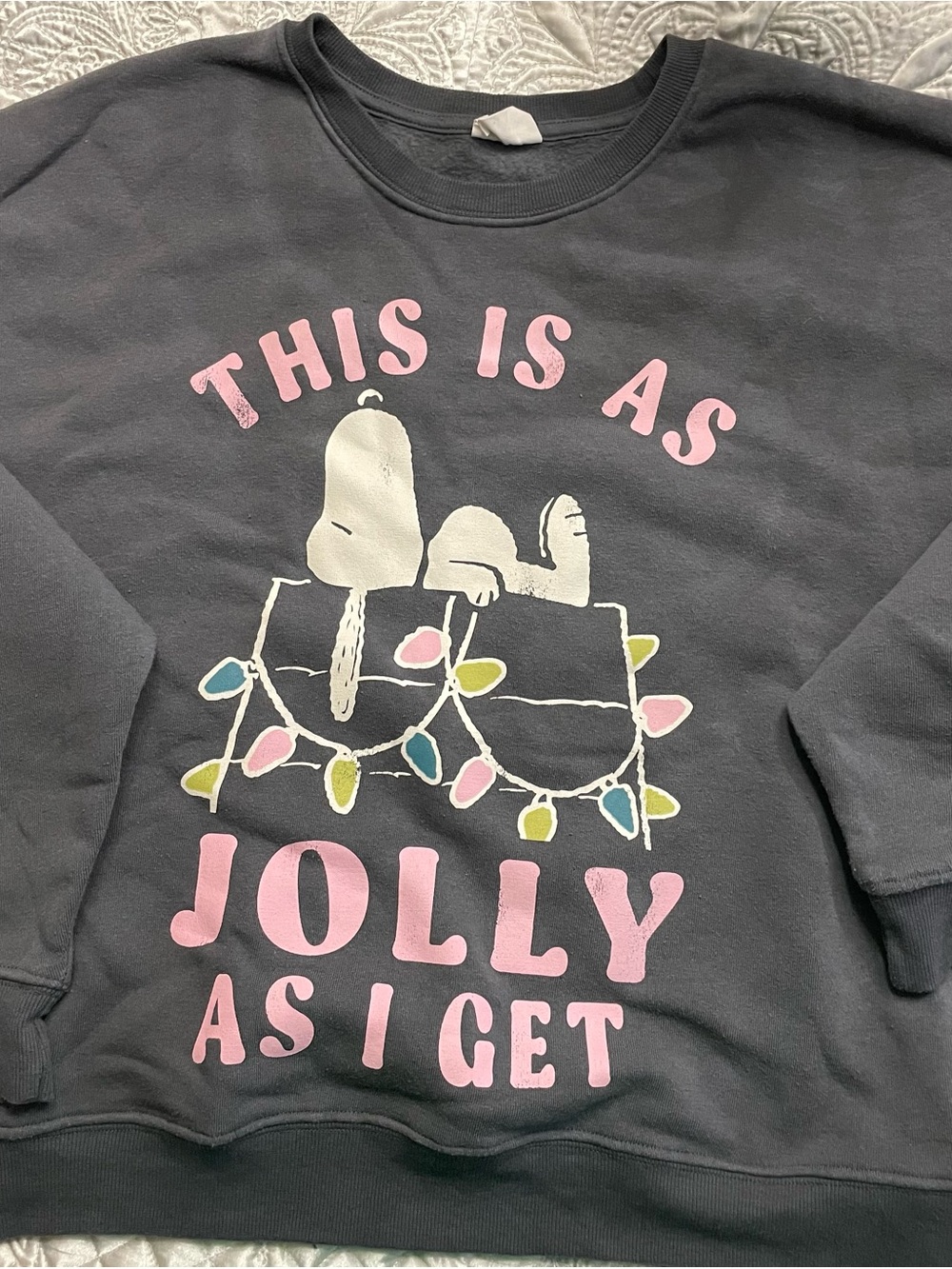 Peanuts Charcoal Sweatshirt with Pink Lettering and Multicolor Lights